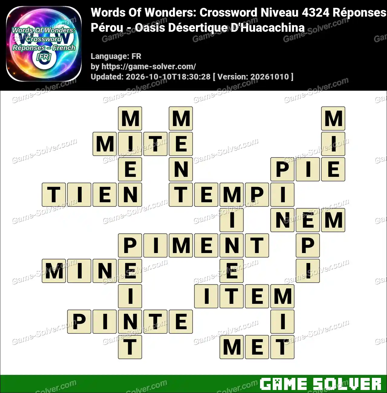 Words Of Wonders: Crossword Niveau 4324 Réponses – Pérou – Oasis Désertique D’Huacachina